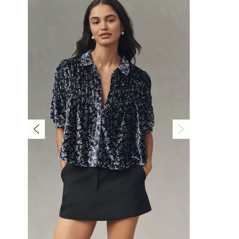 Maeve Anthropologie Navy Blue Velvet Bow Print Smocked Babydoll Blouse Small NWT